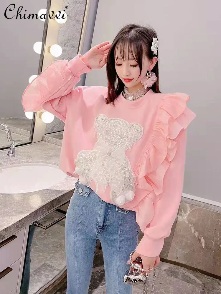 

New Ladies Korean Style Fashion Sweet O-neck Top Women 2022 Spring Beads Bear Ruffled Stitching Sweatshirt Loose Pullover Hoodie