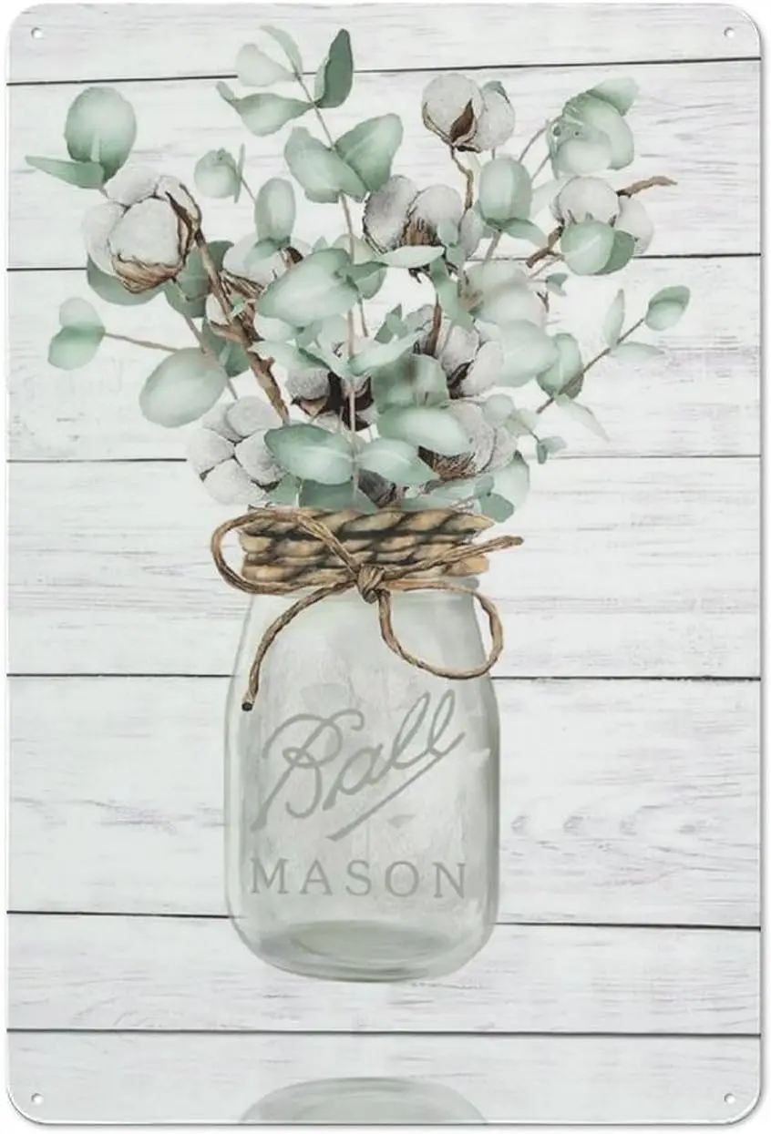 Rustc Metl Tn Sgn Mson Jr Wll Cotn Flower Pntng Frmhouse Bhtroom nd Euclyptus Brn Botncl Decor