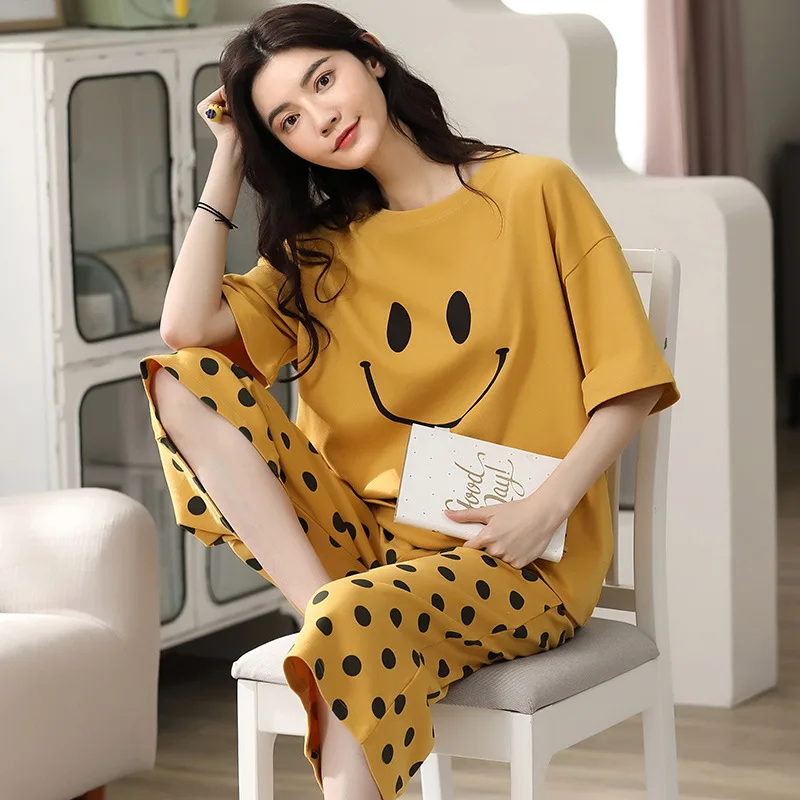 Short sleeved pajamas women's summer 2023 new capris home suit set made of pure cotton