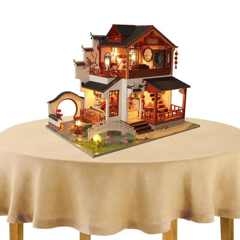 

Miniature House Kit Glowing Wooden Chinese Building Model Craft Toy 1:24 Scale DIY Accessories With Furniture For Kids Teens