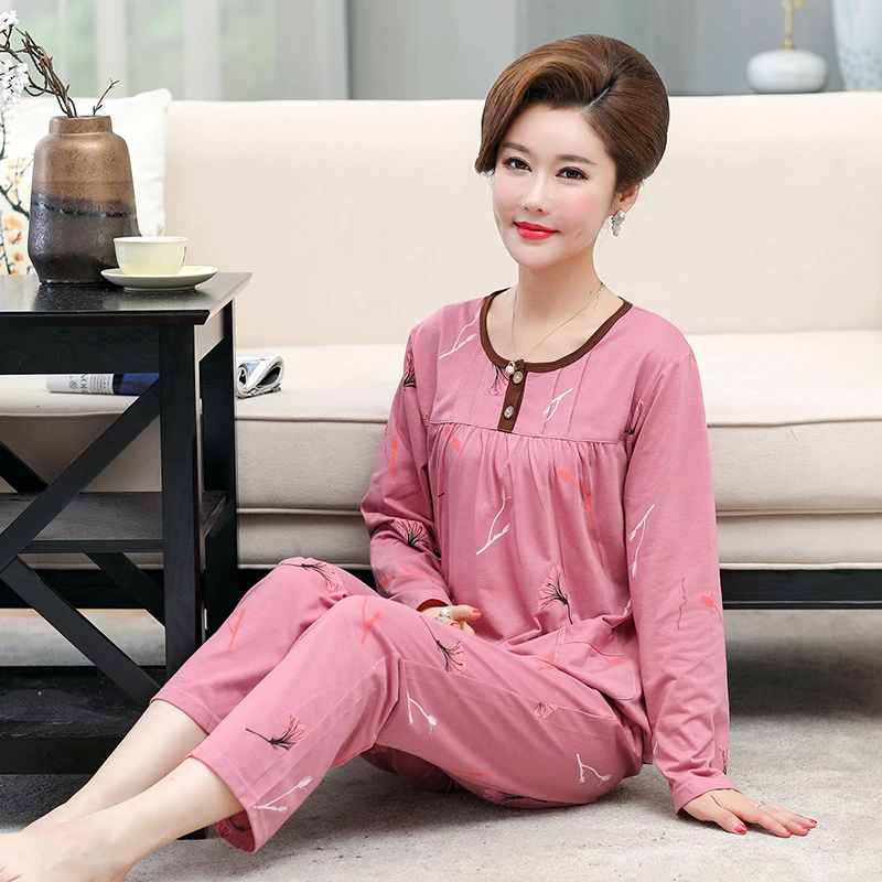 

Autumn Pyjamas For MIddle Age Female Pajamas Round Neck Long-Sleeve Long Pants Sleepwear Elegant Floral Pajama Set Home Service