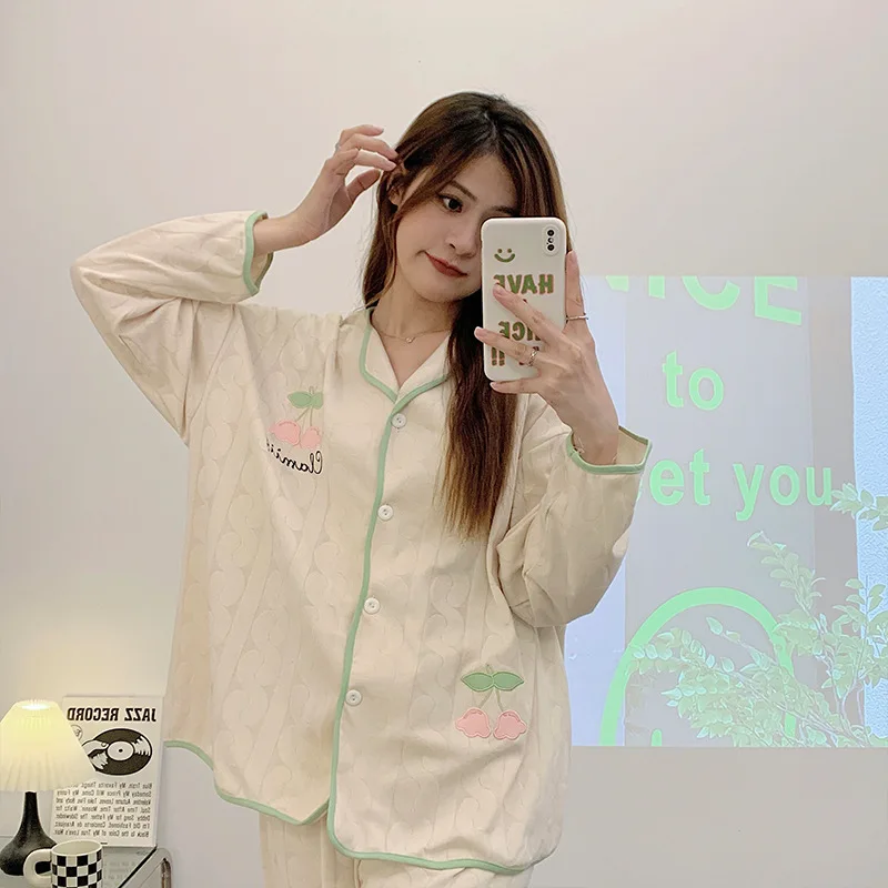 Yasuk Spring Autumn Fashion Women Casual Soft Print Sleepwear Homewear Pajamas With Pants Sweet Fruits Cherry Girl Simple
