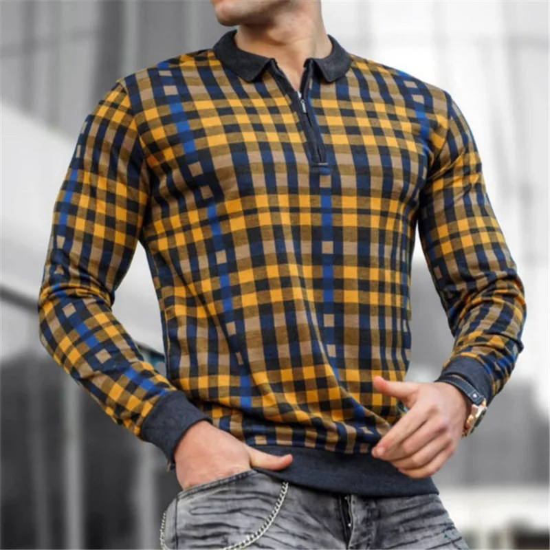 

Men Casual Plaid Print Shirt New Spring Turn-down Collar Zipper Male Tops 2022 Slim Long Sleeve All Match Polo Shirts Pullover