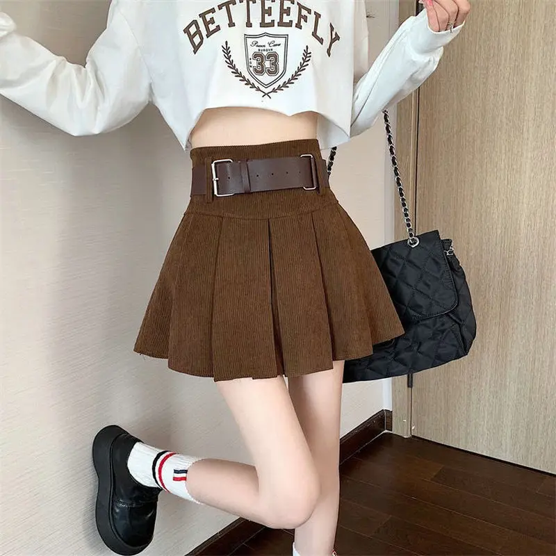 Girl Solid Mini Skirts Autumn Winter 2022 New Style Umbrella Skirts High Waist Thin Pleated Skirts Small Corduroy A-line Skirts