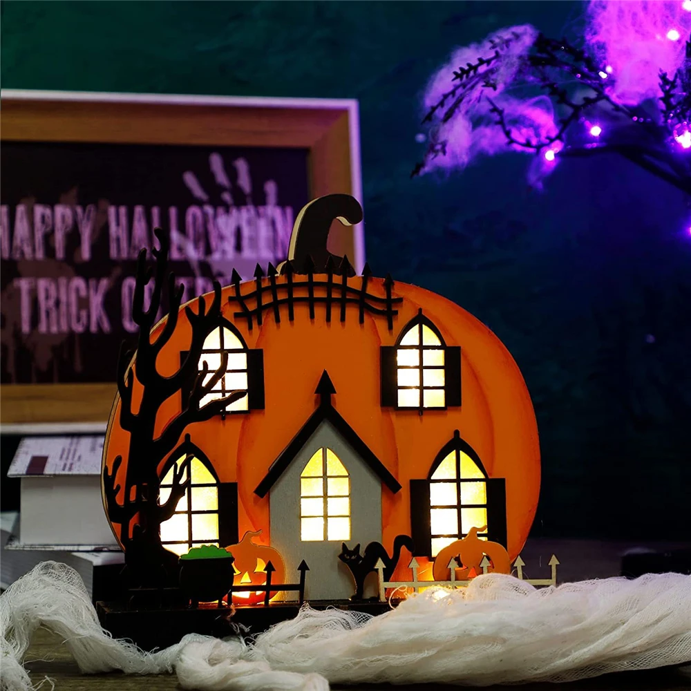 

Handmake Wooden Halloween Led Lights Pumpkin Castle LED Luminescent Hollow Ornament For Halloween Table Decor Glowing Fairy Lamp