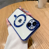 luxury plating magnetic wireless charging phone case for iphone 13 12 pro max soft silicone transparent cover glass lens film