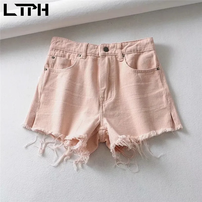 LTPH korean fashion ins denim shorts women high waist side slits vintage do old burrs jeans casual streetwear 2023 autumn new