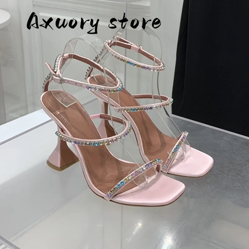 New Open Toe High Heels Women Women's Sandals with One Strap New Fairy Fashion All-Match Square Toe Rhinestone