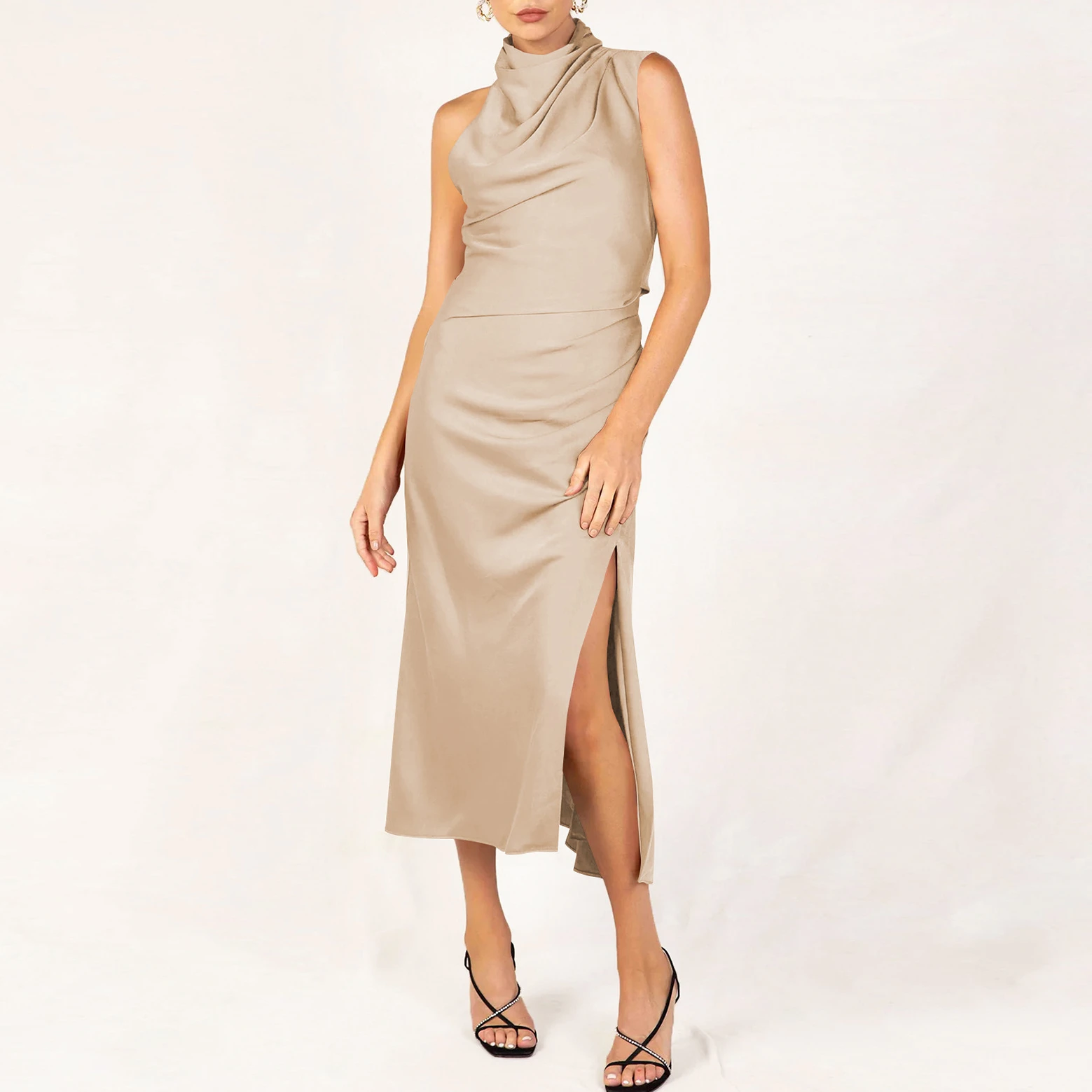 

High Grade Satin Hanging Neck Summer Dress for Women New Sexy Split Long Dresses Luxury Solid Color Sleeveless French Dress