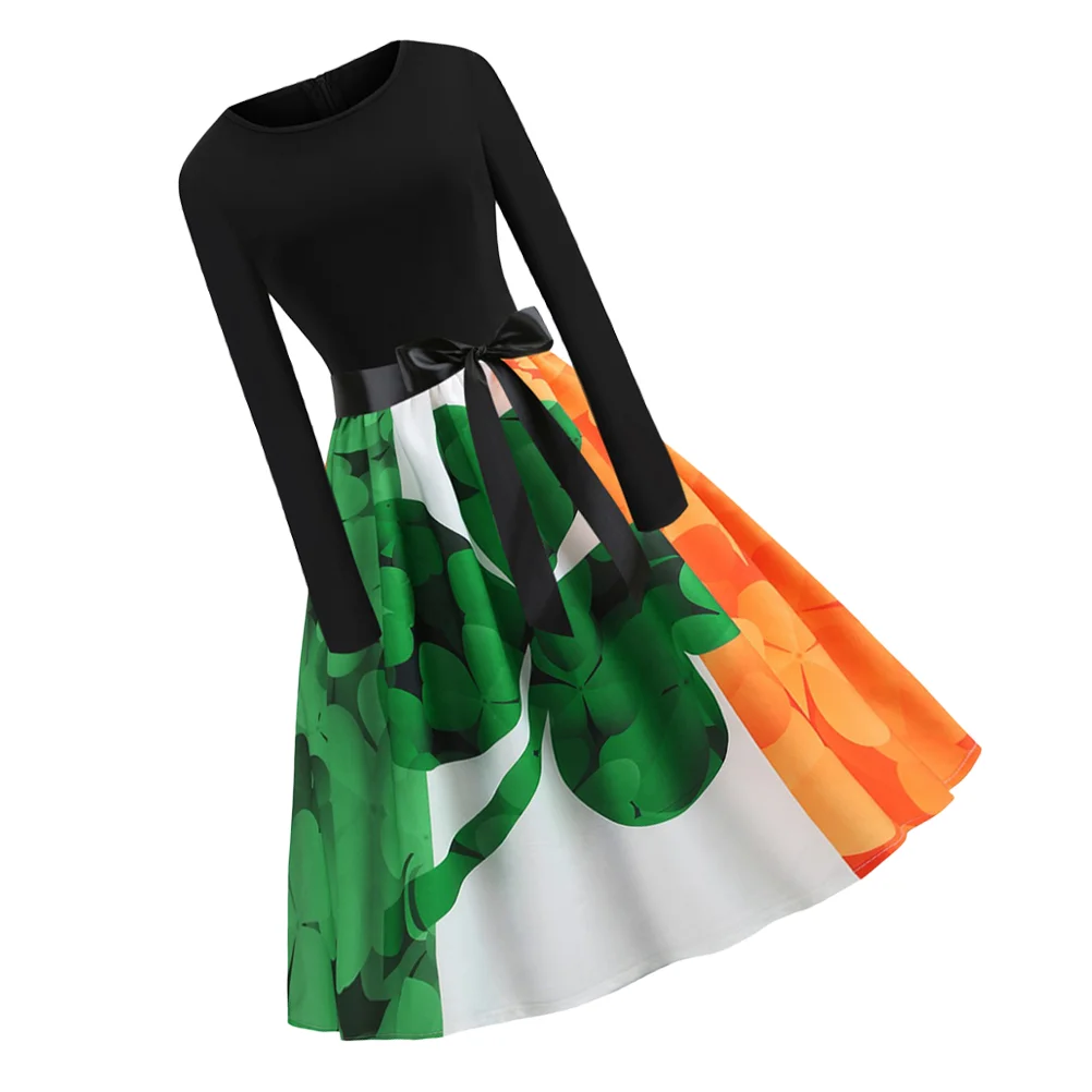 

St Patricks Day Dress Round Neck Dress Long Sleeve Tea Dress Green Shamrock Skirt Bow Sash Swing Dress Party Costume