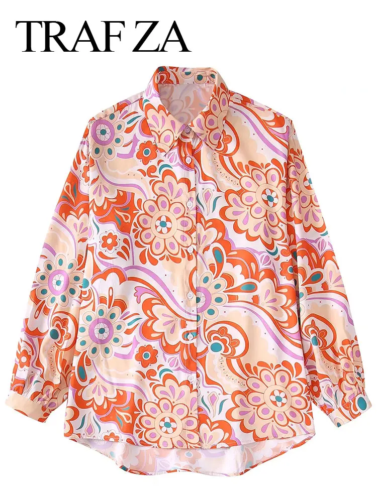 

TRAF ZA Women's Fashion Shirts Cartoon Printed Single-Breasted Lapel Long Sleeves Casual Loose Blouse Top Spring Autumn Clothing