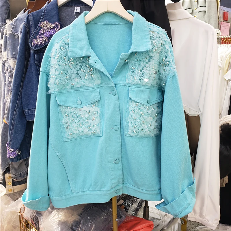 

Spring New Fashion Lake Blue Pink Denim Jacket Women Loose Cowboy Outerwear Beading Mesh Splicing Big Pocket Jeans Jacket Female