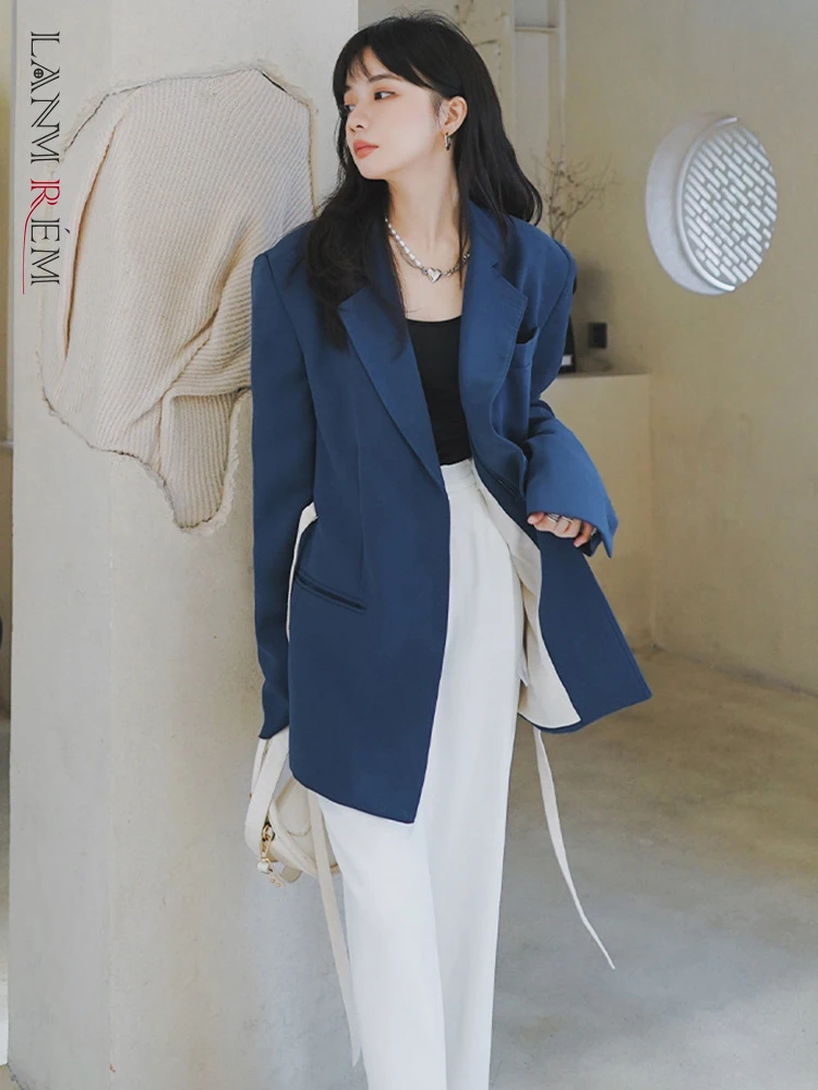 

LANMREM Blazers For Women New Niche Design Lace Up Suit Coat Female Leisure Blue Color Lining Fashion Loose Coats Clothes 2R1300