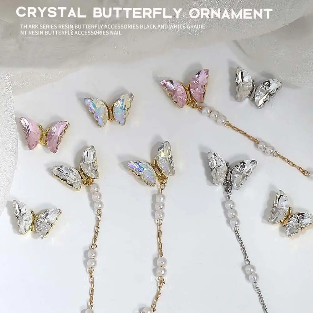 

1Pc Aurora Butterfly Nail Decoration Nail Art Jewelry Butterfly Pearl Nail Chain Rhinestones Manicure Accessories Nail Charms