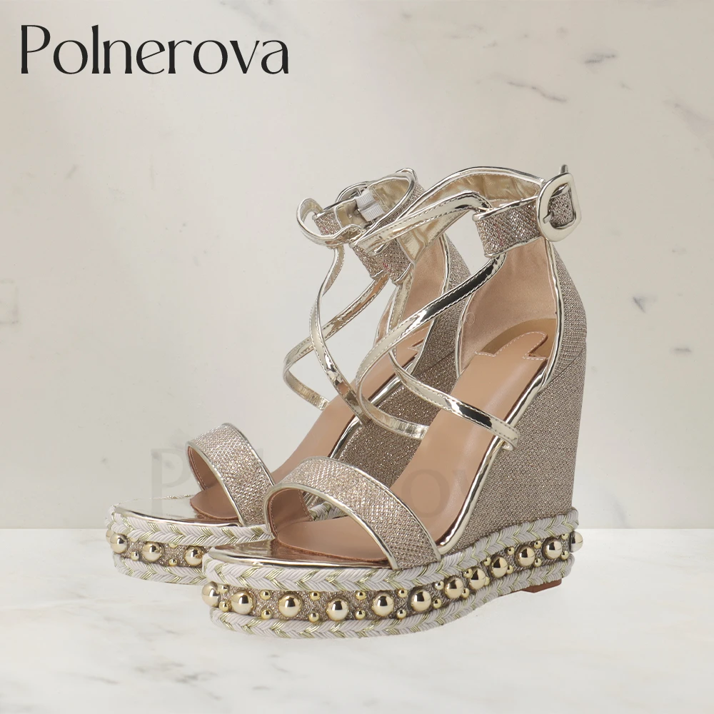 Metallic Bead Platform Sandals Cross Strap Wedge Sandals Round Toe Summer Shoes Fashion Sequin Designer Style Shoes Custom Color