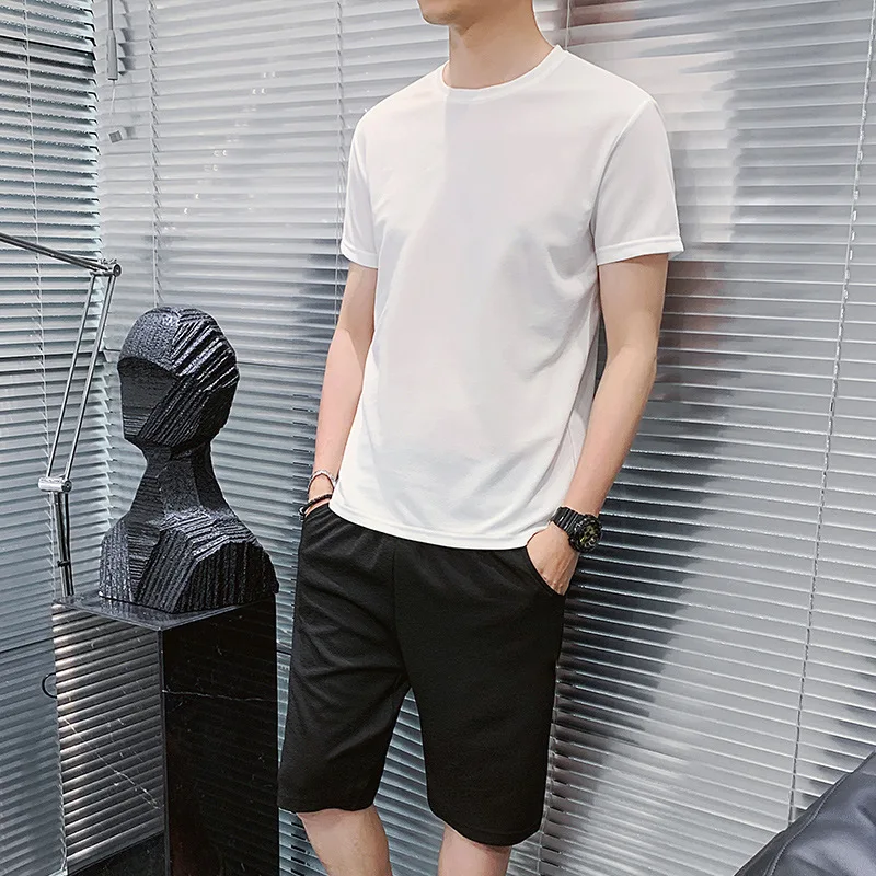 Short-Sleeved Shorts Suit Men's Korean-Style Trendy Casual Two-Piece Suit 2022Summer New Pure Color YouthTT-shirt Men's Clothing