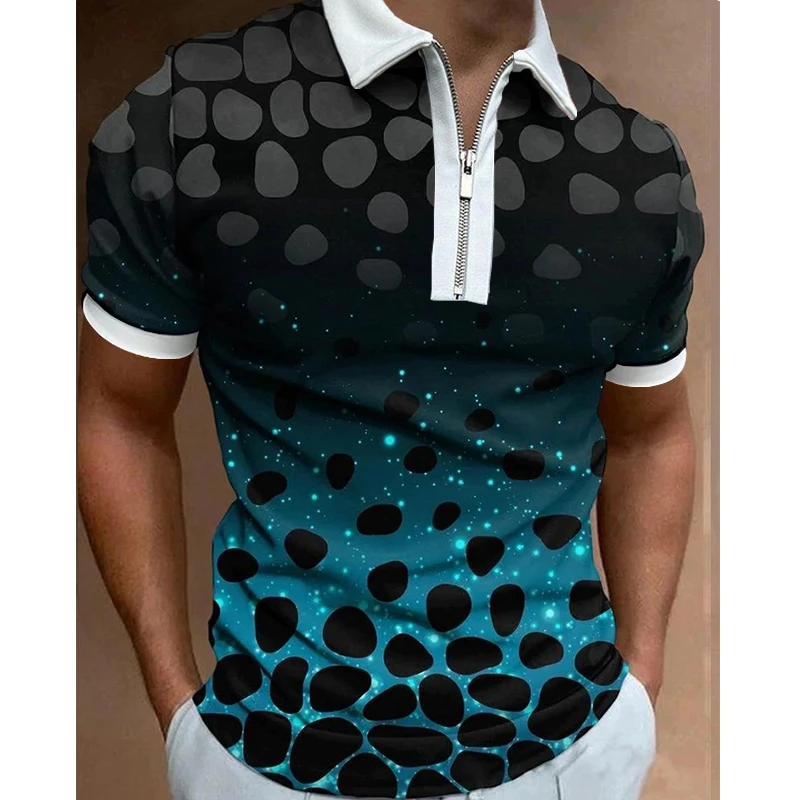 Summer Men's Short-Sleeved Luxury Polo Shirt American Flag Print Trend Casual Oversized Street Lapel Zipper Slim-Fit Clothing