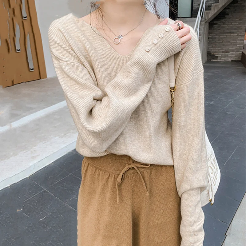 

Autumn and Winter Pullover Sweater Long Sleeve Top Women's 2022 Korean Fashion Style Solid V-Neck Knitwear Y2K Casual Clothes