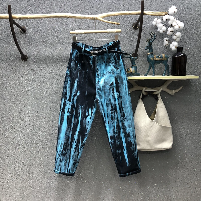 

Джинсы-шаровары женские с завышенной талией, модные брюки с карманами, вареные тканью, Свободные повседневные Стрейчевые джинсы, весна-осен...