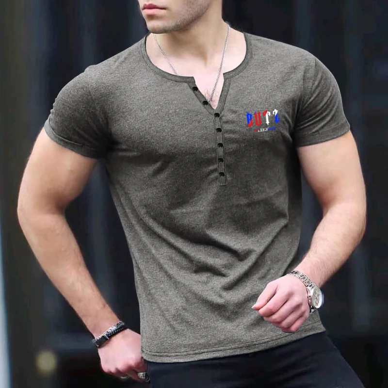 

Summer New Hot Sale Fashion Round Hem Henley Collar Short Sleeves Men's Trend Button T-Shirts High Quality Tops