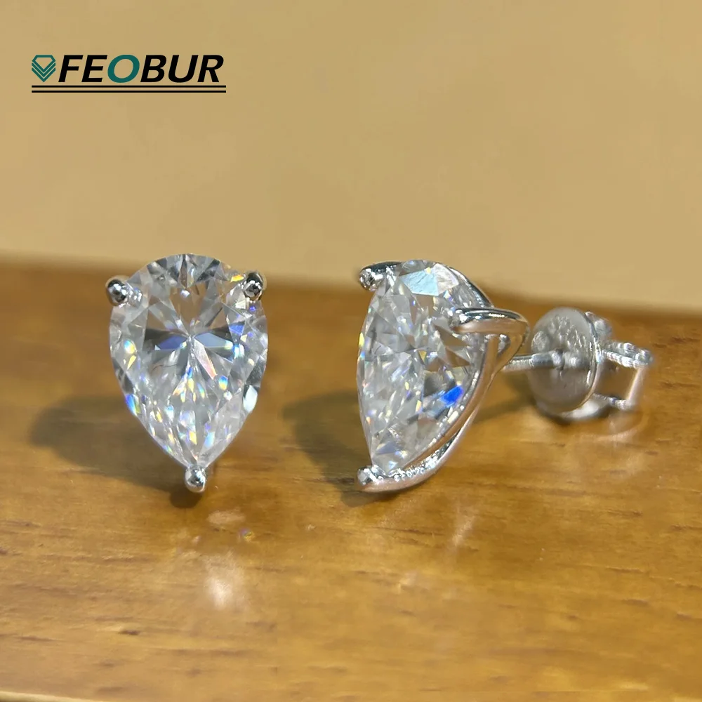 Фото Серьги-гвоздики FEOBUR с муассанитом грушевидной огранки 1/2/4 карата для женщин, серебро 925 пробы, сертифицированные, в форме капли, с имитацией бриллиантов, ювелирные изделия №4