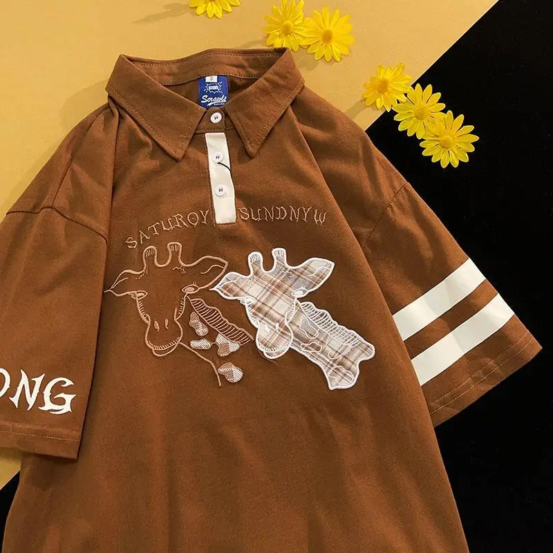 Dark Brown Sheeps Head Vintage Print POLO T Shirts Harajuku Kawaii Clothes for Teenages Summer Loose Large 2XL Korean Fashion images - 6