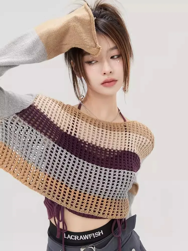 

QWEEK Outfit Korean Two Piece Set Sweater Women Harajuku Y2k Fairy Grunge Hollow Out Pullover Halter Knitted Tops Kpop Autumn