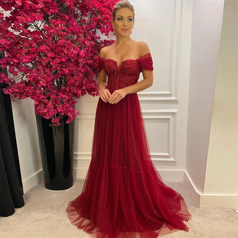 

Xijun, красное Тюлевое платье для выпускного вечера, кружевное платье с цветочной аппликацией, открытыми плечами, а-силуэт, Дубай, женское длинное вечернее платье, официальвечерние платье