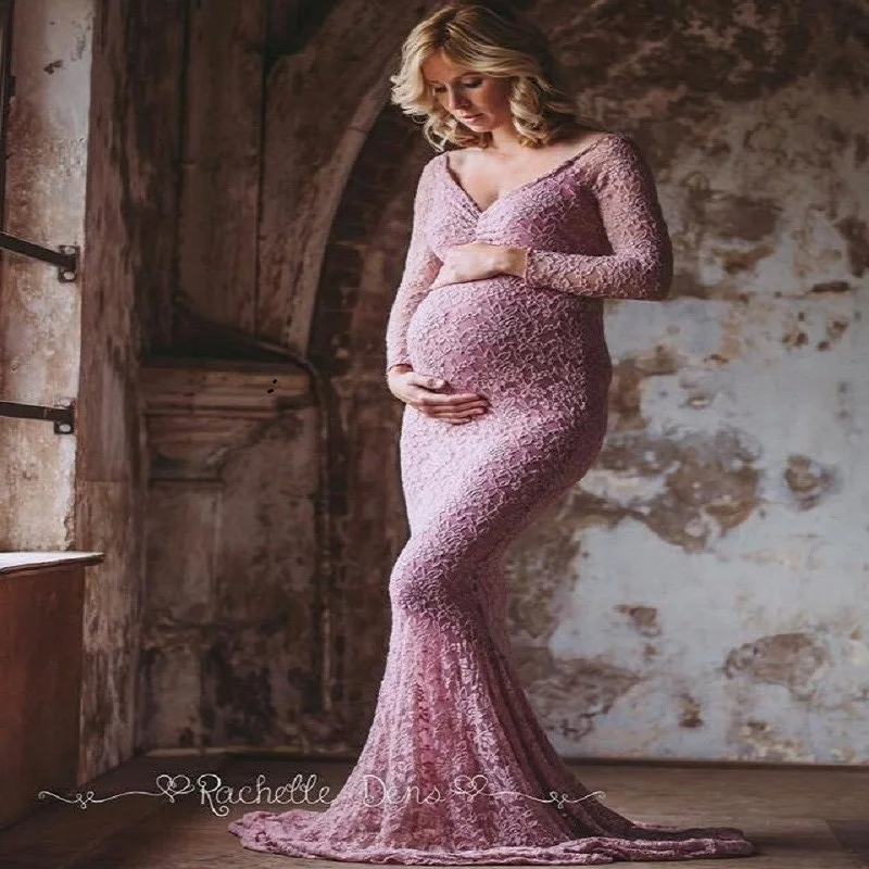 ChiffonOff-shoulder Lace Long Maxi Maternity Dress Pregnant Lady Gown Photography Prop Pregnant Long Baby Shower Maxi Gown 2022 enlarge