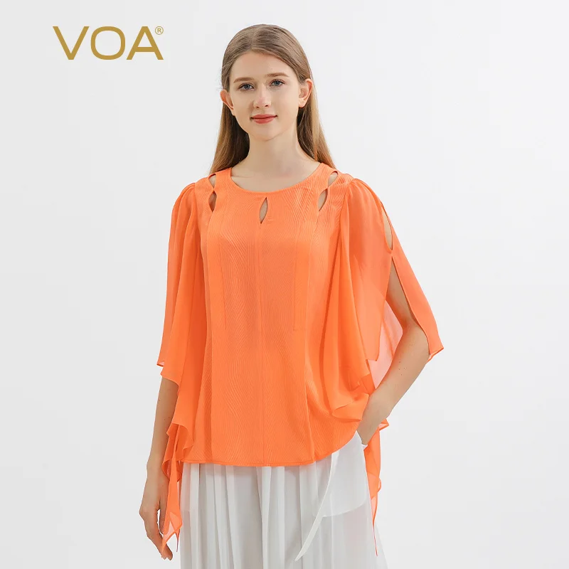 

VOA Jacquard Mulberry Silk Orange O-neck Hollow Design Personalized Woman Tshirts Fashion Ruffle Short-sleeved T-shirt BE1091