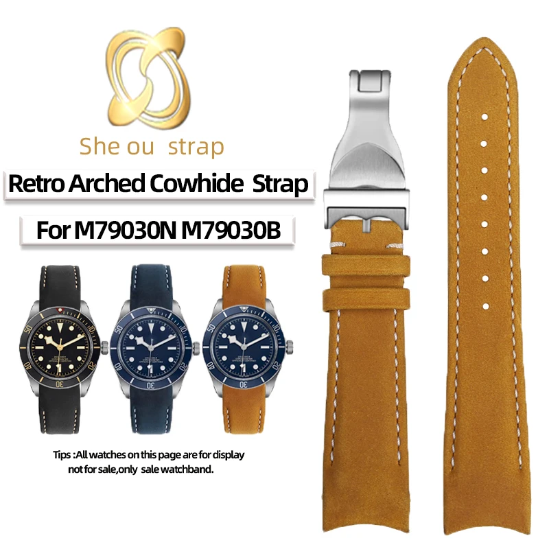 20MM 22mm Black Blue Brown Retro Arched Cowhide Watch strap For Tudor BLACK BAY M79030N M79030B With Men's Leather band