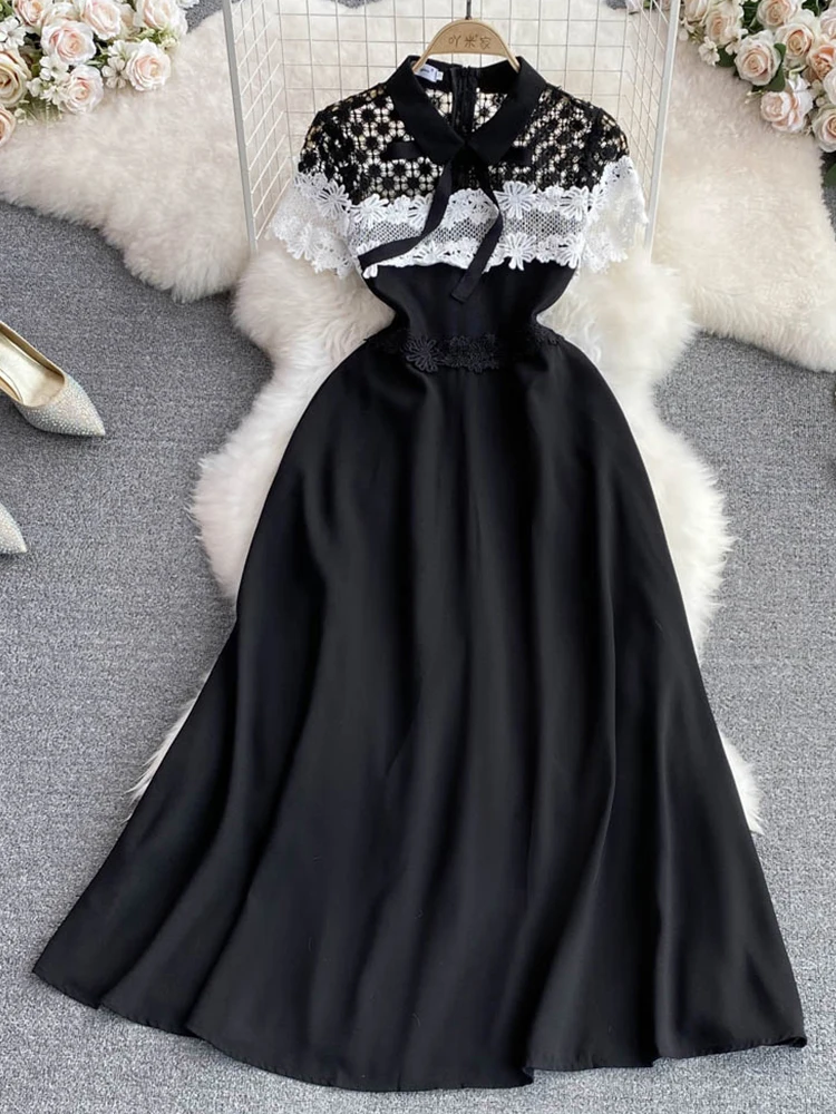 

FMFSSOM Summer New Women Fashion Turn Down Collar Lace Patchwork High Waist Slim A-Line Dress Elegant Casual Sleeveless Dresses