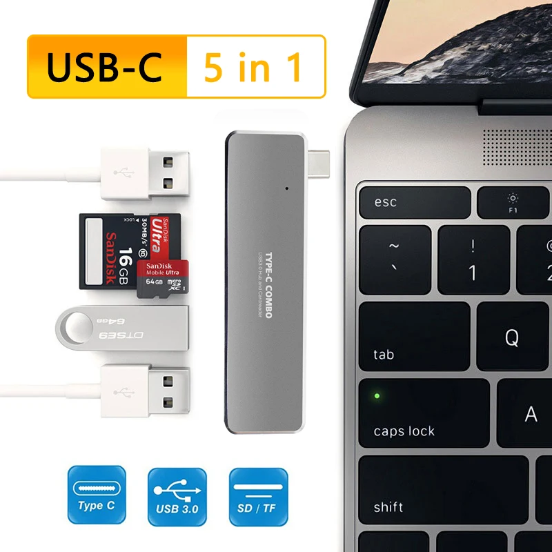 Leitor de Cartão Adaptador para Laptop e Macbook 5 em 1 Usb tipo c para 3 Usbc-hub Portas Usb c Tipo-c Dock Station Pro 2022 sd – tf