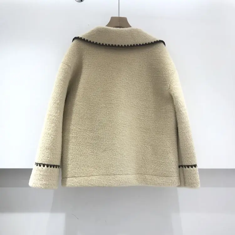 Korean doll collar cow horn button embroidery contrast color loose one-piece coat women's short short stature