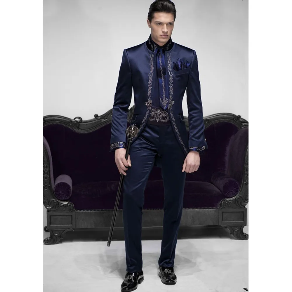 England Style Stand Collar Slim Fit Male Blazer Fashion Navy Blue Satin 2 Piece Wedding Jacket Pants