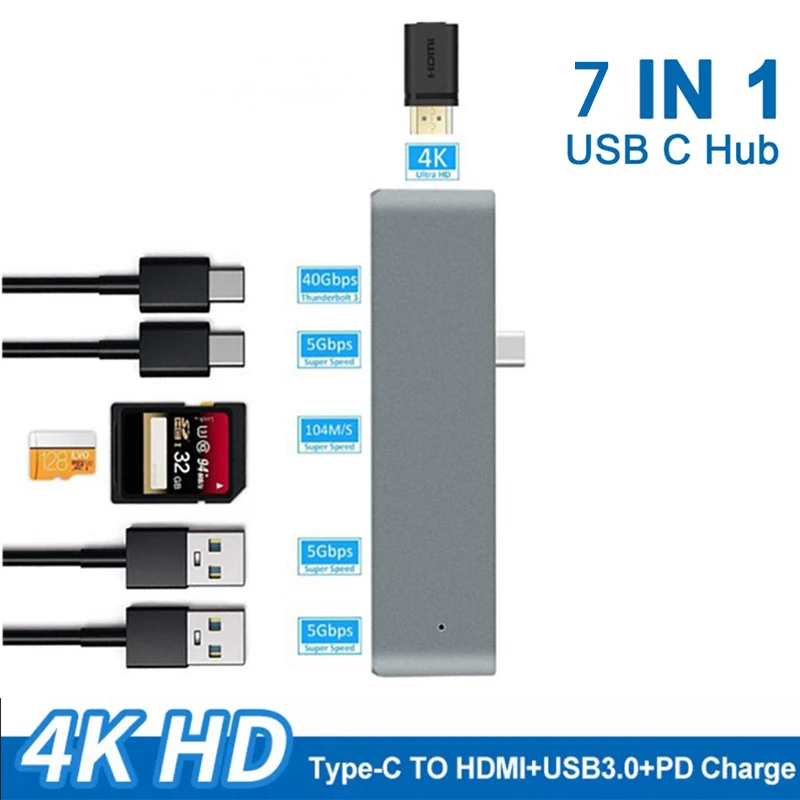 

Адаптер HDMI, совместимый с USB C 7 в 1, док-станция USB C на USB 3,0, аксессуары для MacBook Pro, Разветвитель USB C Type C 3,1, Новинка
