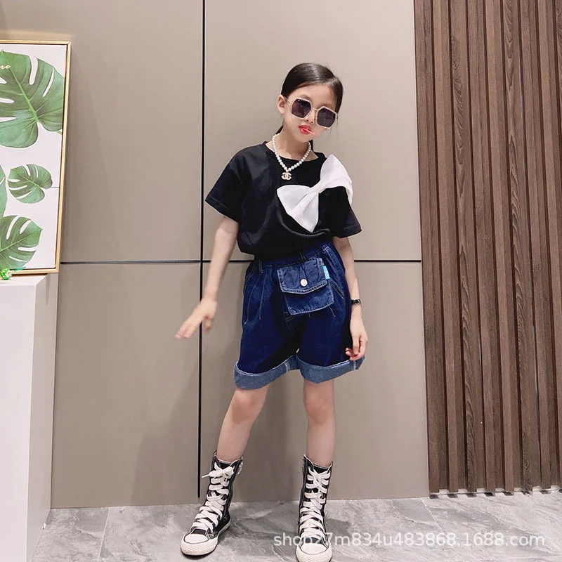 

2022 summer new girls bow T-shirt with denim shorts suit 2 pieces