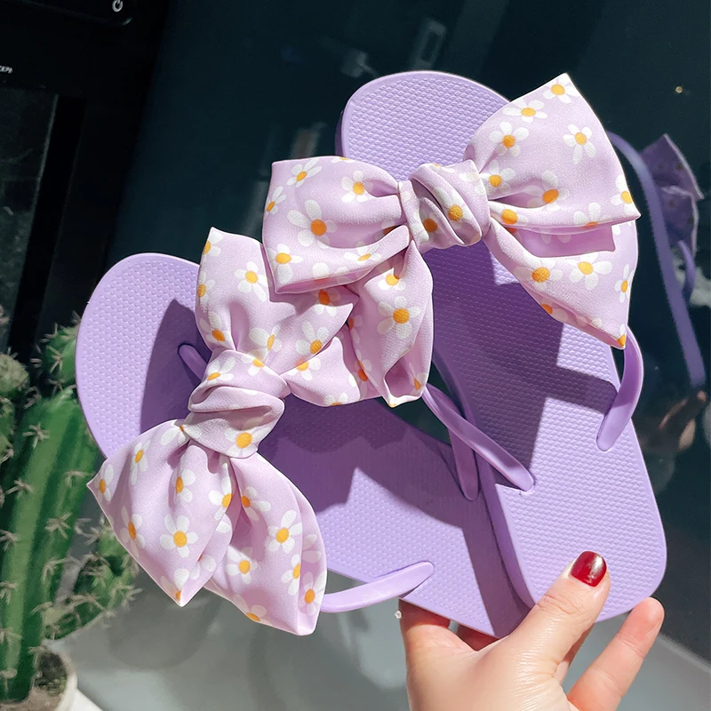 

Low Butterfly-Knot Rubber Flip Flops Beach Shoes Slippers Casual Slides Hawaiian Sabot Luxury Flat PU Basic Fabric Fashion