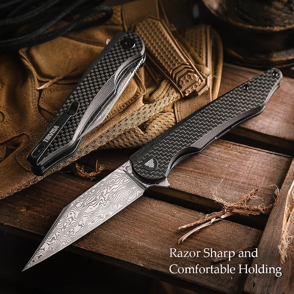 Складной карманный нож TRIVISA с ручкой из углеродного волокна лезвие дамасской