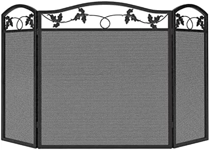 

Panel Foldable Black Steel Fireplace Screen Spark Guard Fence,Leaf Design Screen Metal Decorative Mesh Cover