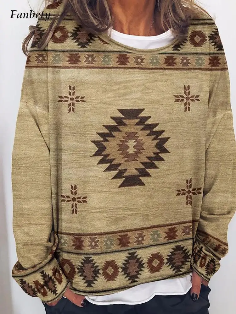 

Fashion Casual Round Neck Long Sleeve Tops Pullover Women Vintage Pattern Printed Sweatshirts Autumn Spring Loose Jumpers 2022
