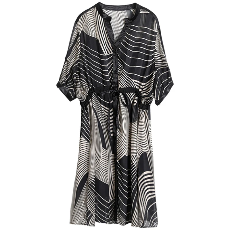 Женское винтажное платье-рубашка свободное милое платье средней длины в полоску