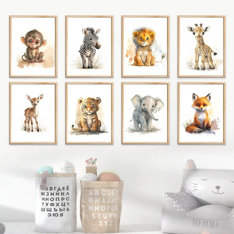 Настенная картина со львом тигром зеброй жирафом лисой обезьяной слоном