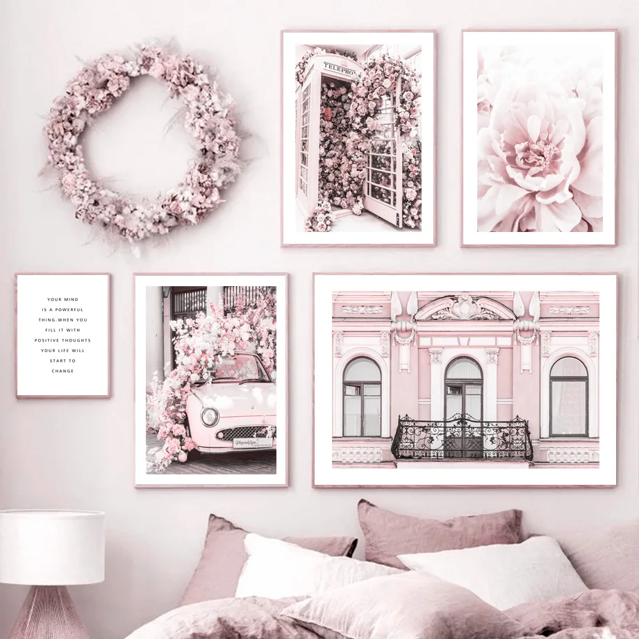 

Pink Modern Cityscape Rose Flower Car Local Call Wall Art Canvas Painting Nordic Posters And Prints Wall Picture For Living Room
