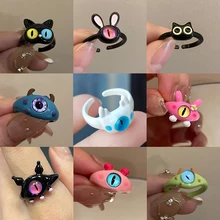 New Cute Open Green Monser Rings For Women Grils Lovely Two Colors Owl Cat Eyes Adjustable Couple Punk Ring Party Finger Jewelry