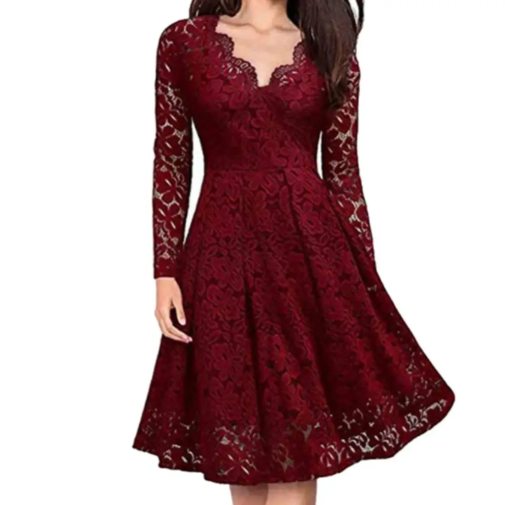 

Retro Women Lace Floral V Neck Long Sleeve Tight Waist A-line Party Midi Dress Tight Waist A-line Party Midi Dress Retro Women
