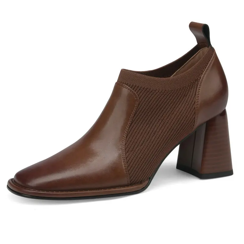 

Vintage Mature Women Pumps Office Dress Thick High Heels Square Toe Genuine Leather Shoes Woman Spring Autumn Big Size 41 42
