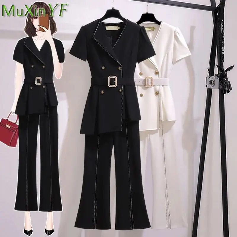 

Summer Office Lady Clothing Short Sleeve Blazer with Belt Ankle-Length Flare Pants 2 Piece Set Women Graceful Slim Black Outfits