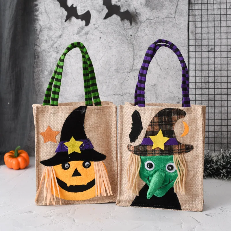 4 Pcs Halloween Decoration Gift Bag Candy Bags For Guests Party Supplies Linen Skull Witch Bags 2022 Halloween Party Decoration