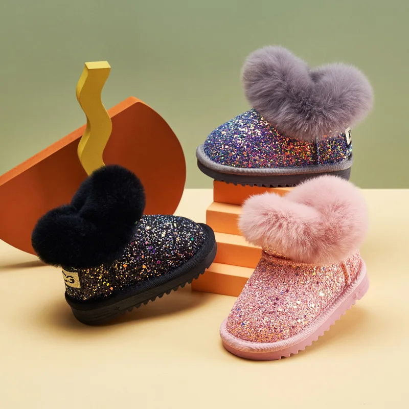 

New Children Shoes Baby Girls Boots PU Leather Waterproof Non-slip Winter Fur Warm Kids Snow Boots Fashion Toddler Boy Shinny